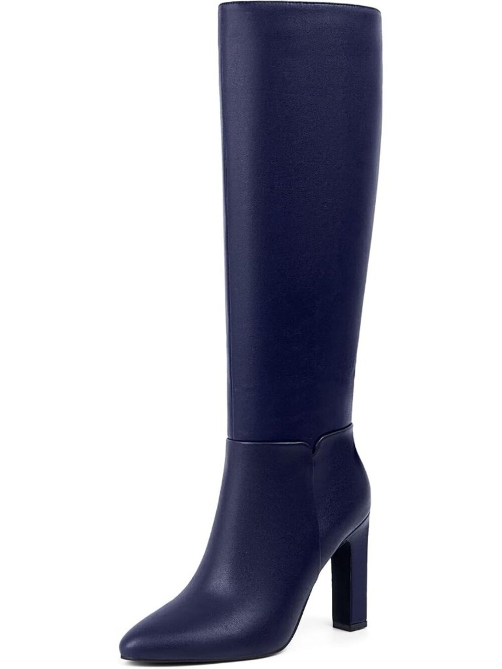 Women's Blue Faux Leather Comfortable Almond Toe Chunky Block High Heel Boots